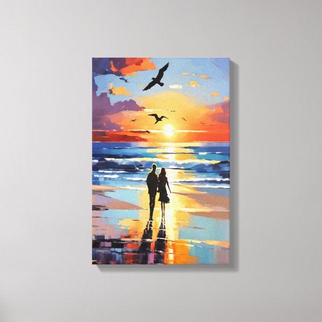 Sunset Stroll Expressionist Romantic Beach Scene Canvas Print (Front)