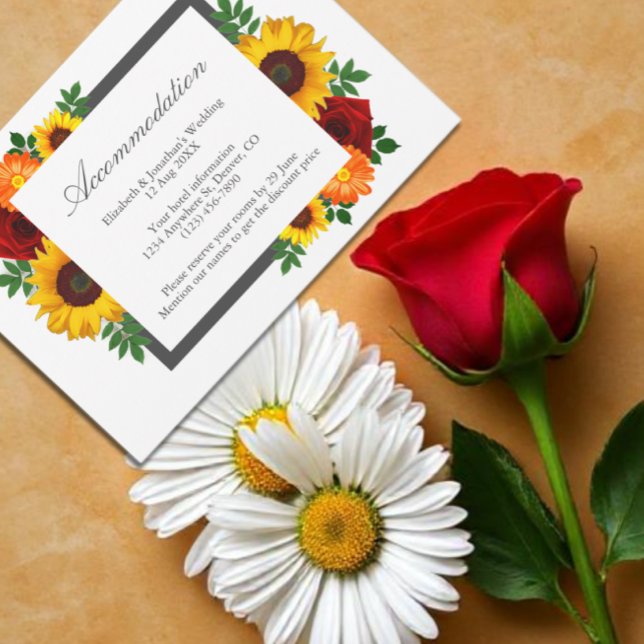 Sunset Sunflower Rose Floral Wedding Accommodation Enclosure Card (Creator Uploaded)