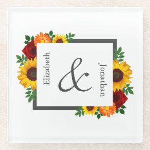 Sunset Sunflower Rose Floral Wedding Glass Coaster