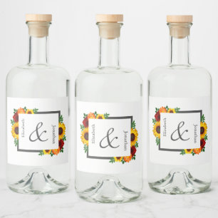Sunset Sunflower Rose Floral Wedding Liquor Bottle Label