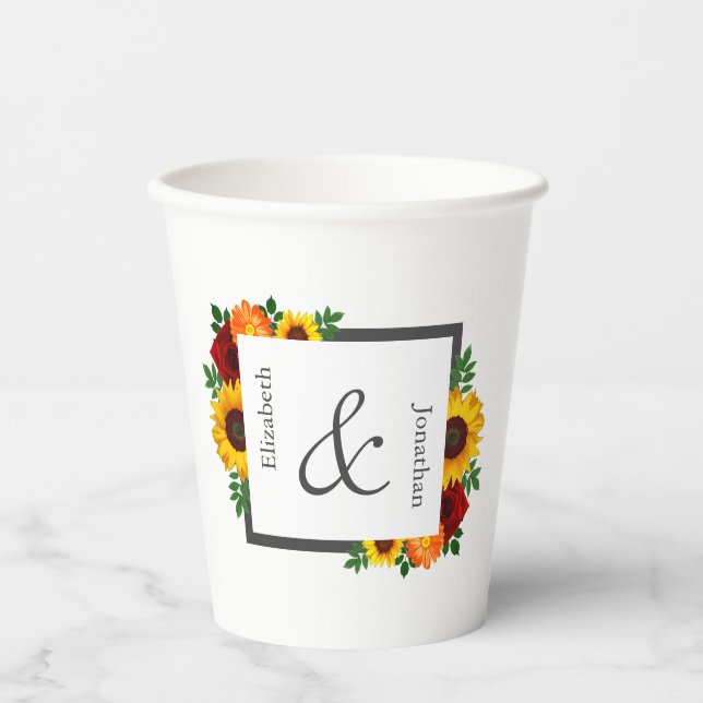 Sunset Sunflower Rose Floral Wedding Paper Cups (Front)