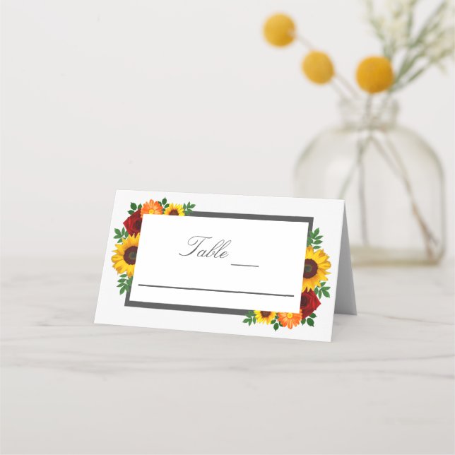 Sunset Sunflower Rose Floral Wedding Place Card (Front)