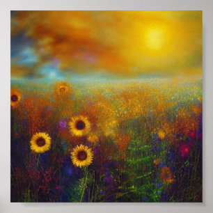 Sunset sunflowers poster