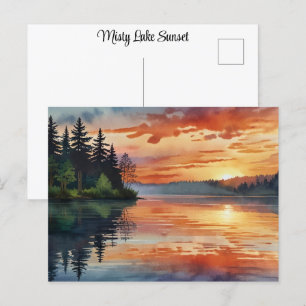 Sunset Sunrise Colourful Misty Lake Watercolor Art Postcard