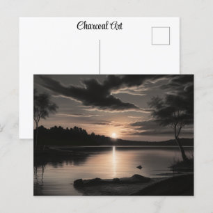 Sunset Sunrise Glassy Lake Charcoal Pencil Art  Postcard