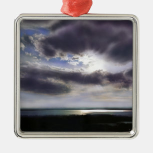 Sunset sunrise lakeshore skyline ocean painting metal ornament