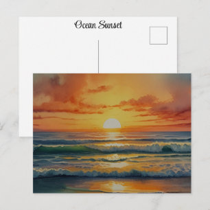 Sunset Sunrise Ocean Beach Colourful Watercolor Ar Postcard