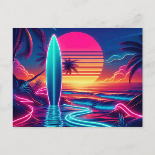 Sunset Surfboard Neon Lights Postcard