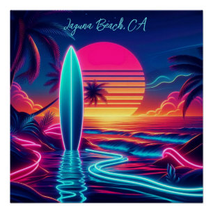 Sunset Surfboard Neon Lights- Poster