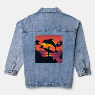 Sunset Surfer and Dolphin Silhouette Tropical Beac Denim Jacket