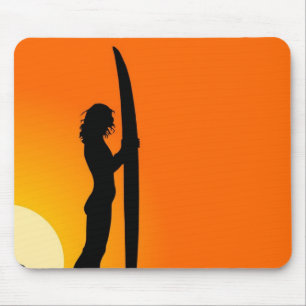 Sunset Surfer Girl with surfboard Mouse Pad