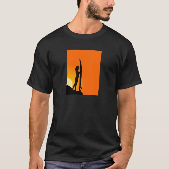 Sunset Surfer Girl with surfboard T-Shirt (Front)