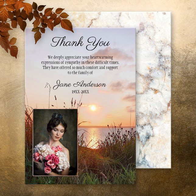 Sunset Sympathy Funeral Photo Thank You Card (Heartfelt memorial/funeral photo Thank You card showing a custom photo framed by a sunset on water)