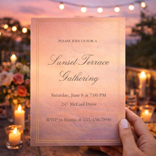 Sunset Terrace Soirée Invitation (Soft peach sunset terrace soirée with gold framing for a refined outdoor evening gathering)