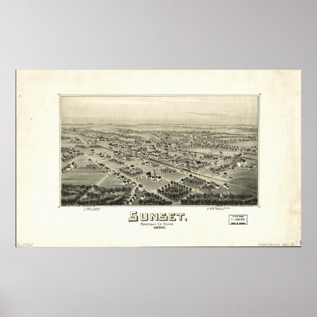 Sunset Texas 1890 Antique Panoramic Map Poster (Front)