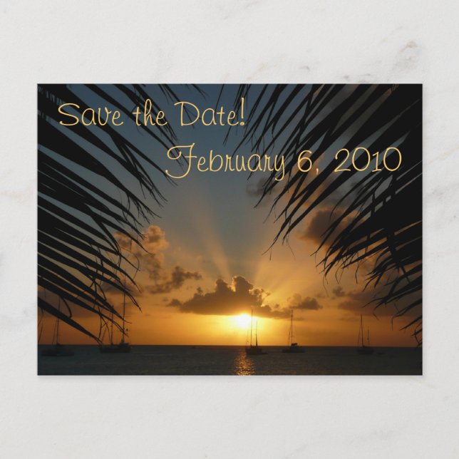 Sunset Through Palm Fronds Save the Date Postcard (Front)