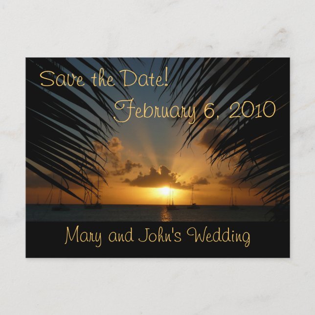 Sunset Through Palm Fronds Save the Date Postcard (Front)