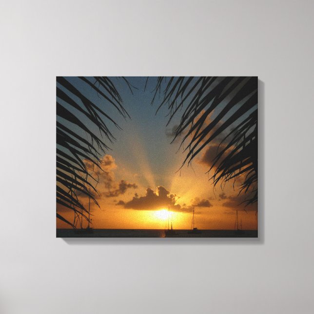 Sunset Through Palm Fronds Tropical Seascape Canvas Print (Front)