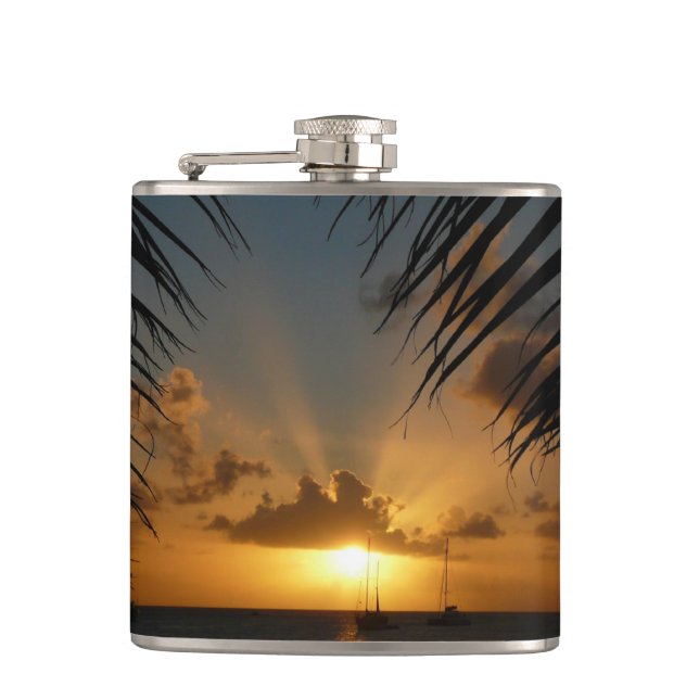 Sunset Through Palm Fronds Tropical Seascape Hip Flask (Front)