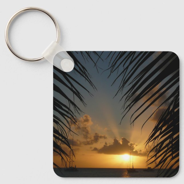 Sunset Through Palm Fronds Tropical Seascape Keychain (Front)