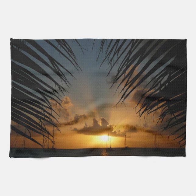 Sunset Through Palm Fronds Tropical Seascape Kitchen Towel (Horizontal)