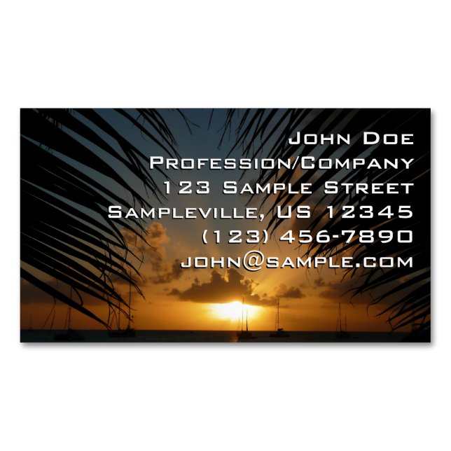 Sunset Through Palm Fronds Tropical Seascape Magnetic Business Card (Front)