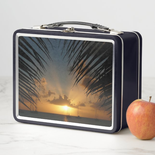 Sunset Through Palm Fronds Tropical Seascape Metal Lunch Box (In Situ)