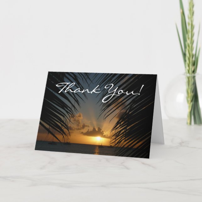 Sunset Through Palm Fronds Tropical Seascape Thank You Card (Front)