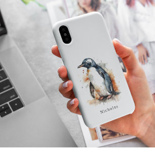 Sunset Tones Watercolor Penguin, custom iPhone 11 Case