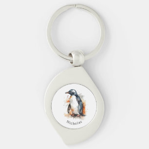 Sunset Tones Watercolor Penguin, custom Keychain