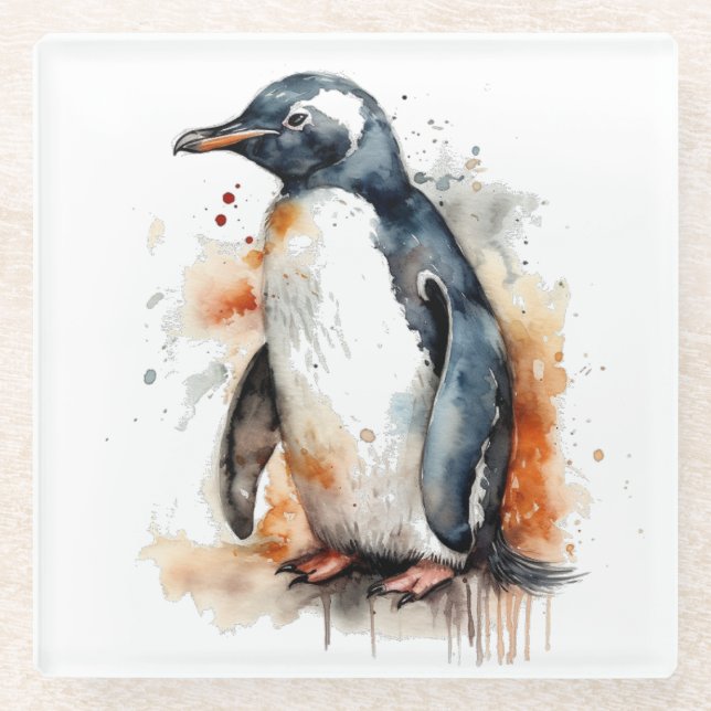  Sunset Tones Watercolor Penguin Glass Coaster (Front)