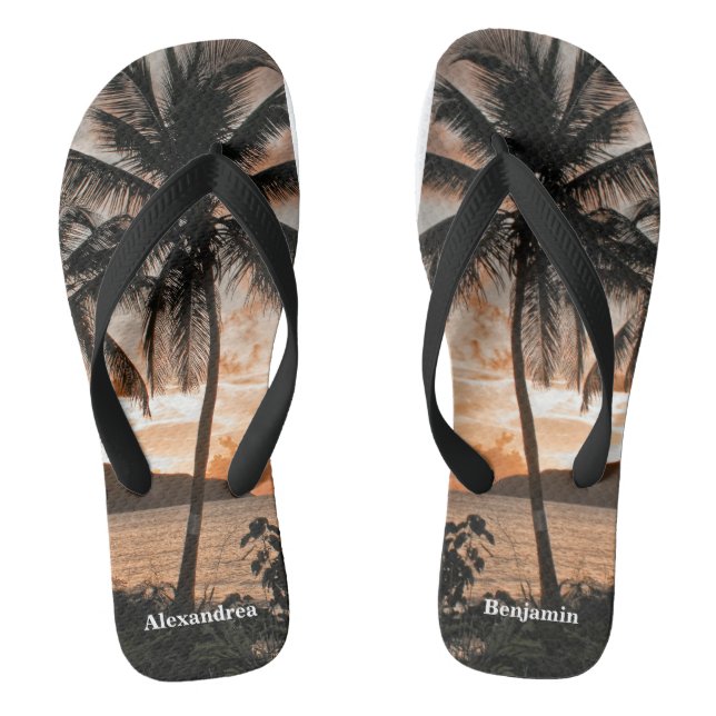 Sunset Tropical Beach Palm Trees Personalize  Flip Flops (Footbed)