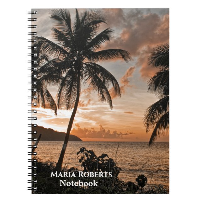 Sunset Tropical Beach Palm Trees Personalize Notebook (Front)