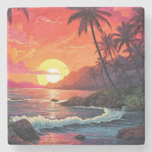 Sunset Tropical Beach Paradise Island  Stone Coaster