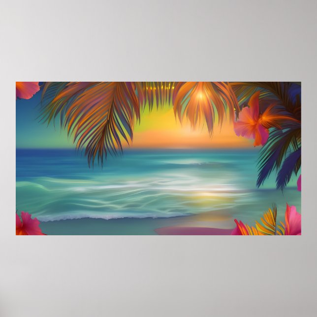 Sunset Tropical Beach Sand ocean palm trees Flower Poster (Front)