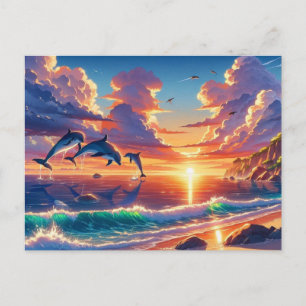 Sunset Tropical Island Dolphin Flight Painting Postcard