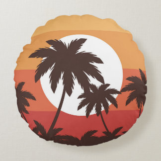 Sunset Tropical Palm Beach Vintage Round Pillow