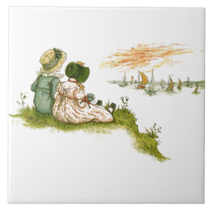 Sunset Two Girls Boats Kate Greenaway   Tile