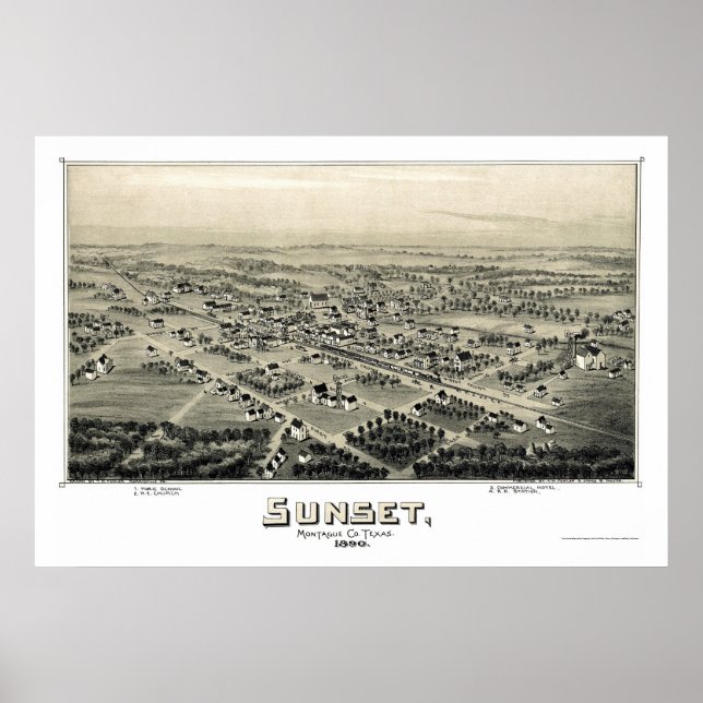 Sunset, TX Panoramic Map - 1890 Poster (Front)