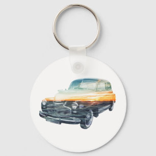 sunset vehicle double exposure keychain
