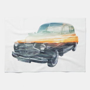 sunset vehicle double exposure kitchen towel