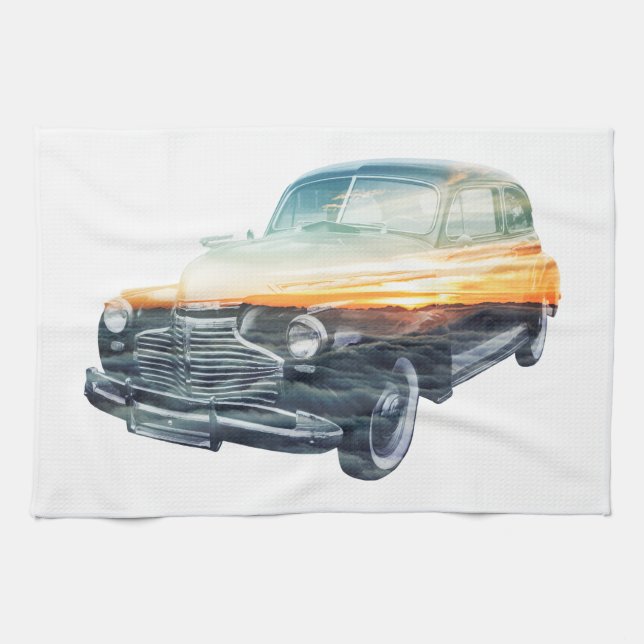 sunset vehicle double exposure kitchen towel (Horizontal)