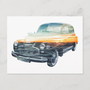 sunset vehicle double exposure postcard