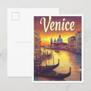 Sunset Venice Italy Vintage Travel Illustration Postcard