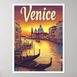 Sunset Venice Italy Vintage Travel Illustration Poster