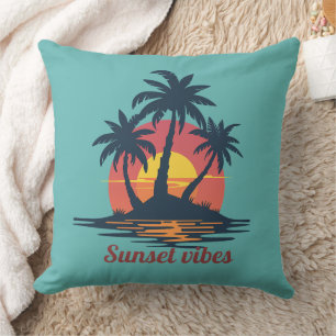 Sunset Vibes Tropical Palm Trees Beach Sea-Blue Th Throw Pillow