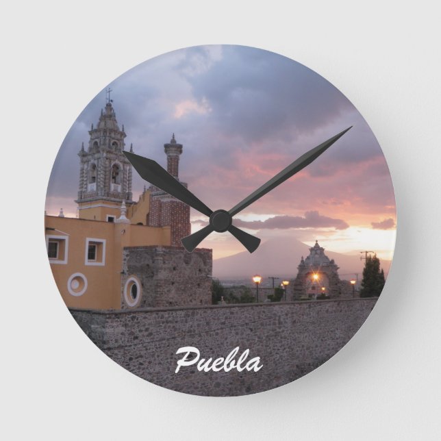 Sunset Volcano and Church Puelba, Mexico Round Clock (Front)