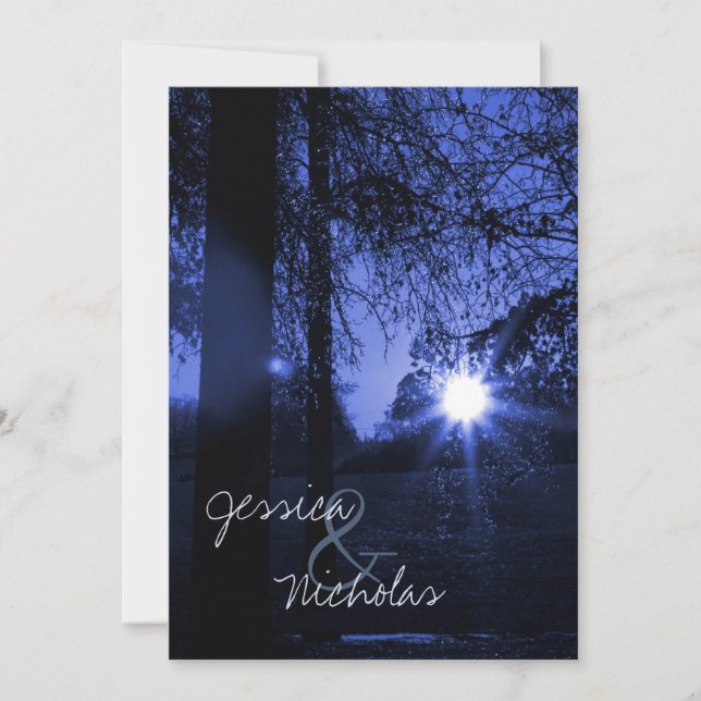 Sunset w Trees Blue Wedding Invitations Invites (Front)