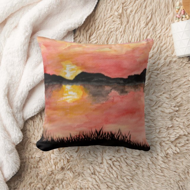 Sunset Watercolor Art | red sky | ink landscape -  Throw Pillow (Blanket)