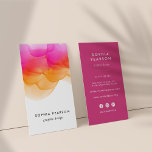 Sunset Watercolor Blot | Vertical Social Media Business Card<br><div class="desc">Chic watercolor business cards in a unique vertical format feature your name or company name layered on a blooming inkblot illustration in bright, colourful sunset hues of fuchsia pink ad goldenrod. Add your full contact information to the back in white on magenta. Includes three social media icons and a template...</div>